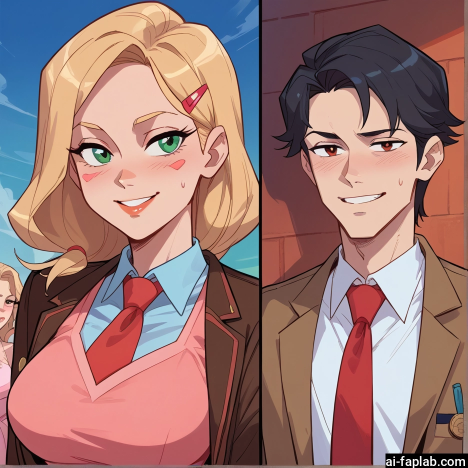 multiple girls, blonde hair, 1boy, 2girls, green eyes, necktie · Yamete.gg