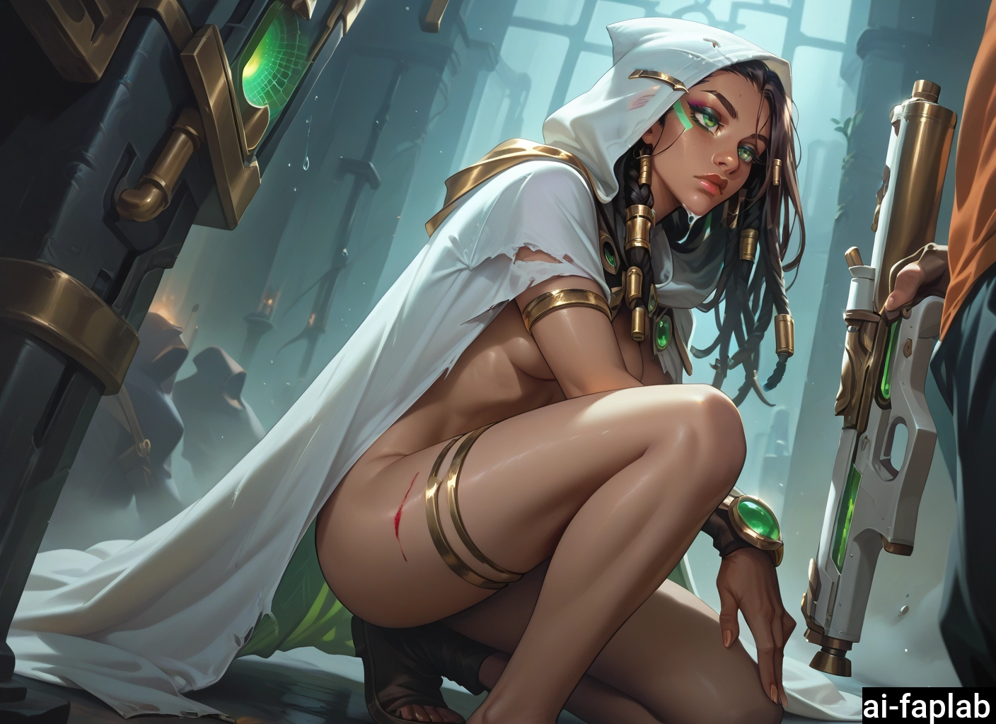 1girl, breasts, dark skin, weapon, dark-skinned female, hood · Yamete.gg