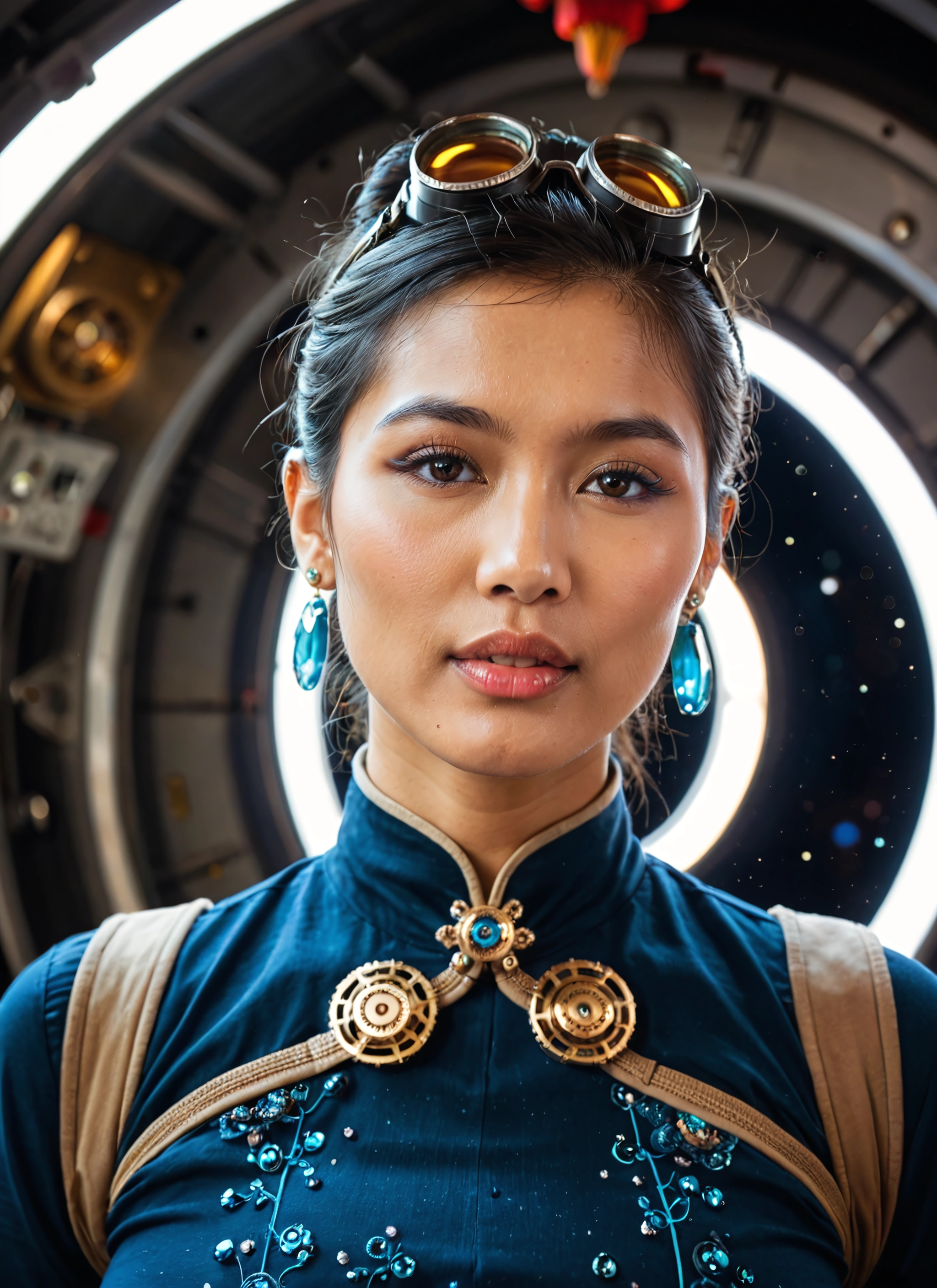 1girl, solo, jewelry, earrings, goggles, brown eyes · Yamete.gg