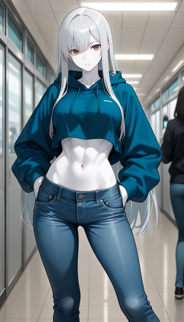 pants, denim, long hair, jeans, hood, navel · Yamete.gg
