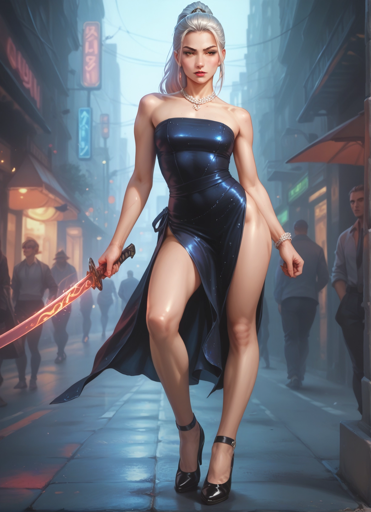 weapon, sword, dress, jewelry, 1girl, necklace · Yamete.gg