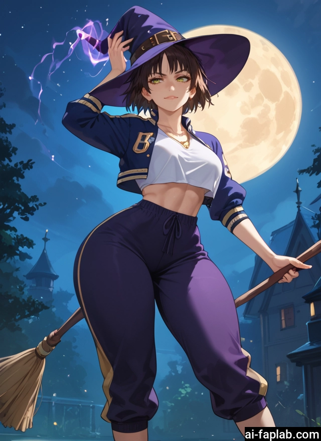 1girl, hat, witch hat, broom, moon, short hair