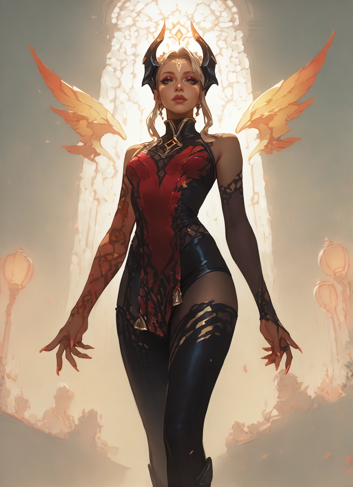 1girl, solo, wings, horns, blonde hair, jewelry · Yamete.gg