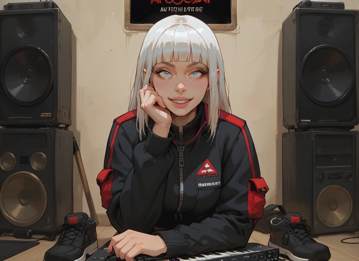 1girl, speaker, solo, bangs, jacket, smile · Yamete.gg