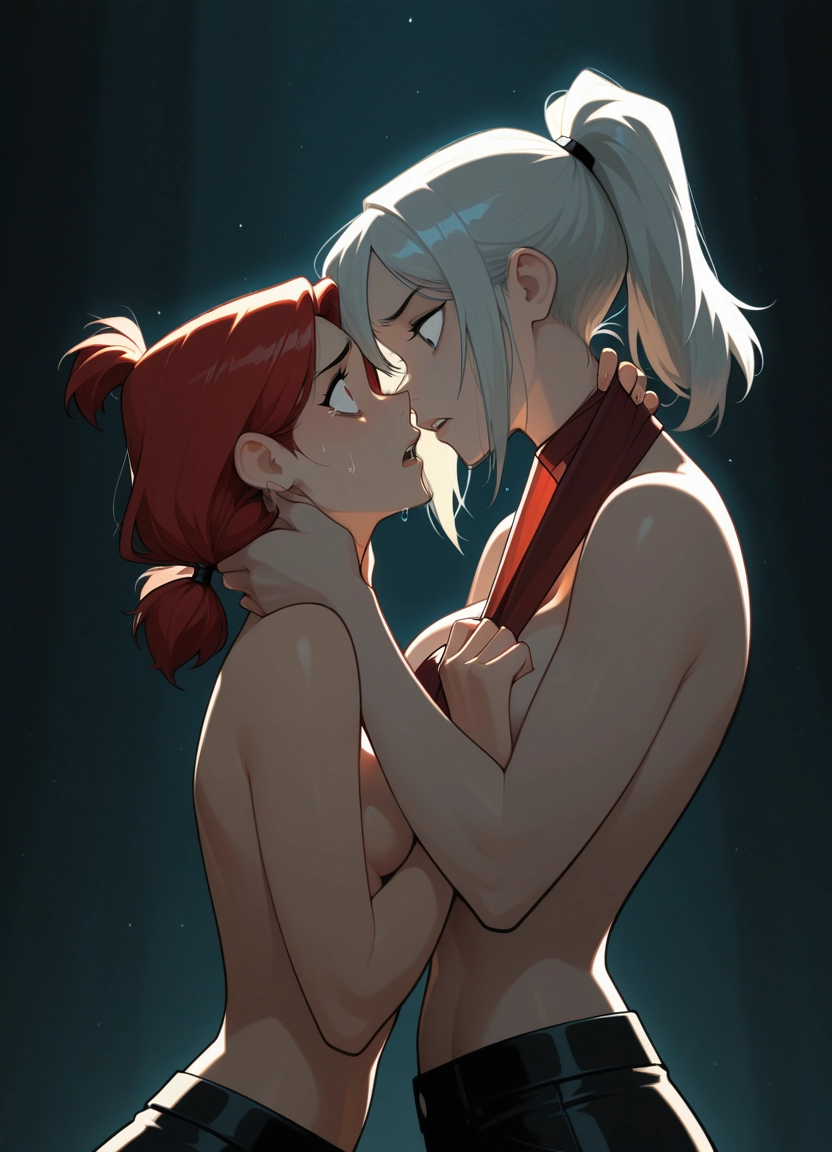 multiple girls, 2girls, breasts, ponytail, yuri, topless · Yamete.gg