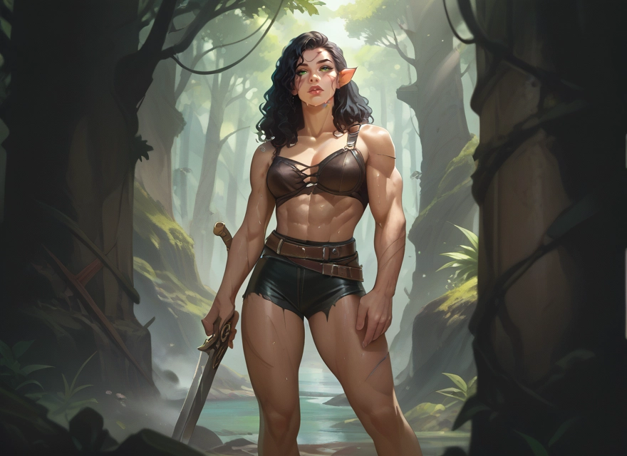 1girl, weapon, sword, pointy ears, solo, muscular · Yamete.gg