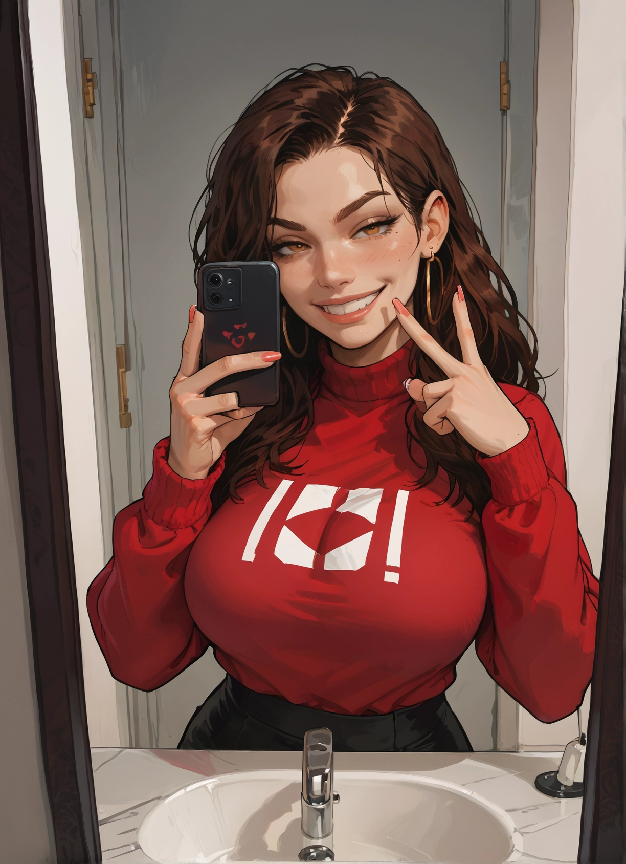 1girl, phone, brown hair, jewelry, breasts, earrings · Yamete.gg