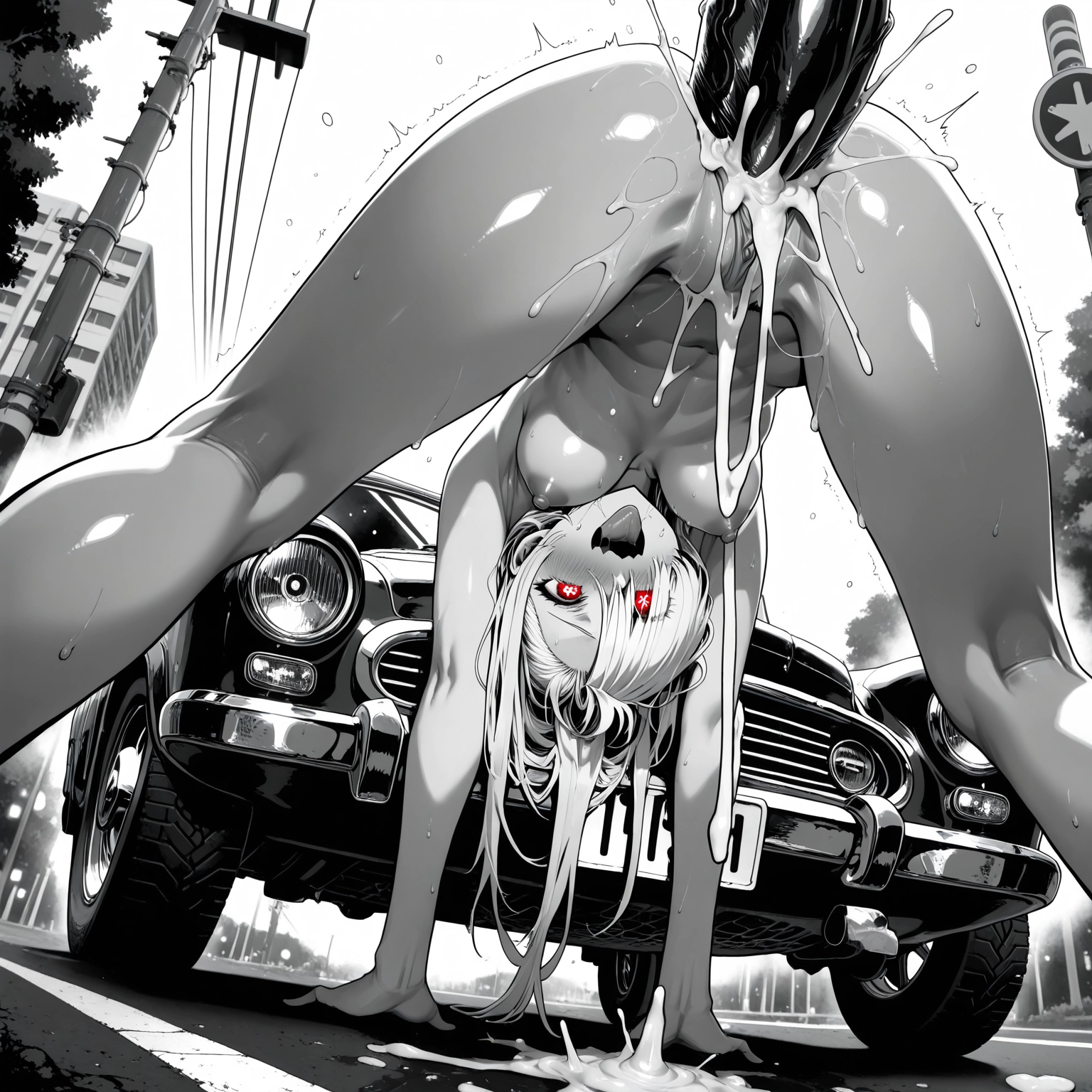 futanari, 1girl, cum, red eyes, breasts, ground vehicle · Yamete.gg