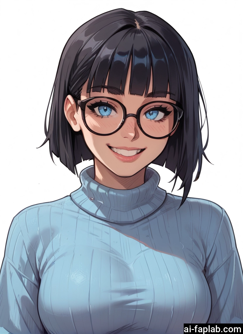 1girl, glasses, solo, sweater, smile, blue eyes · Yamete.gg
