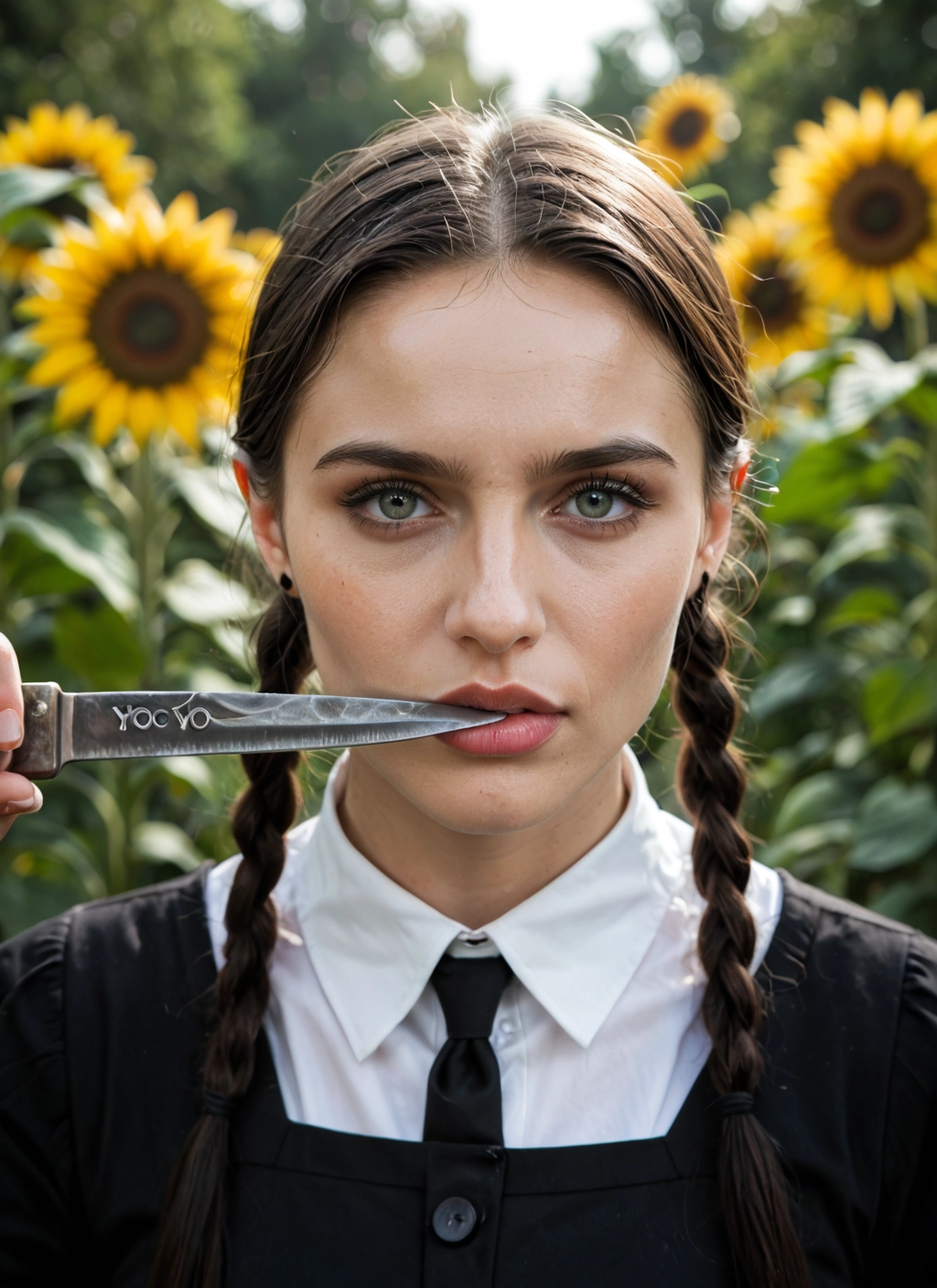 1girl, solo, flower, braid, knife, sunflower · Yamete.gg