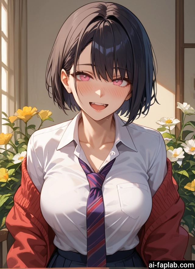 1girl, breasts, solo, necktie, short hair, open mouth
