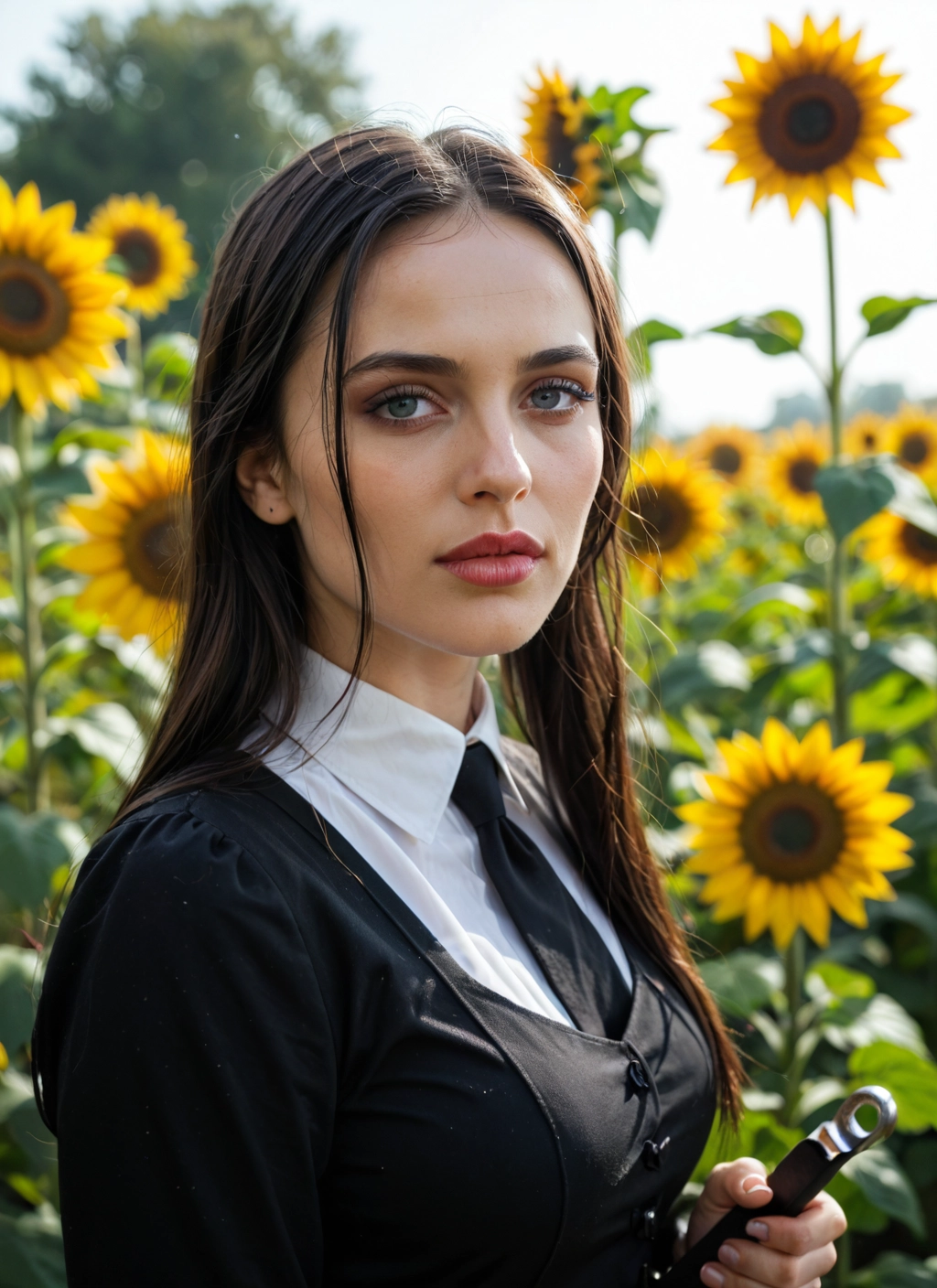 1girl, flower, solo, sunflower, necktie, long hair · Yamete.gg