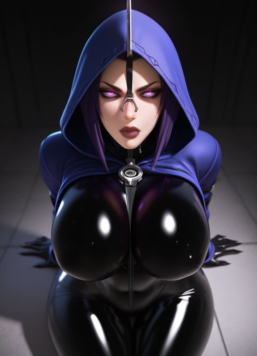 1girl, breasts, bodysuit, hood, solo, purple hair · Yamete.gg