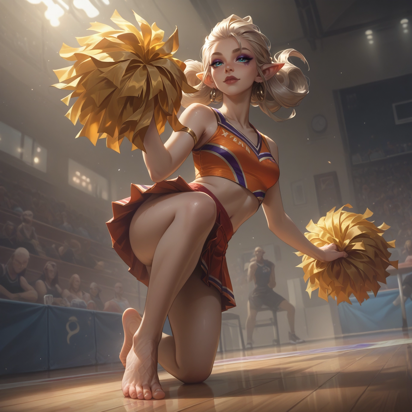 cheerleader, pom pom (cheerleading), pointy ears, skirt, jewelry, earrings · Yamete.gg