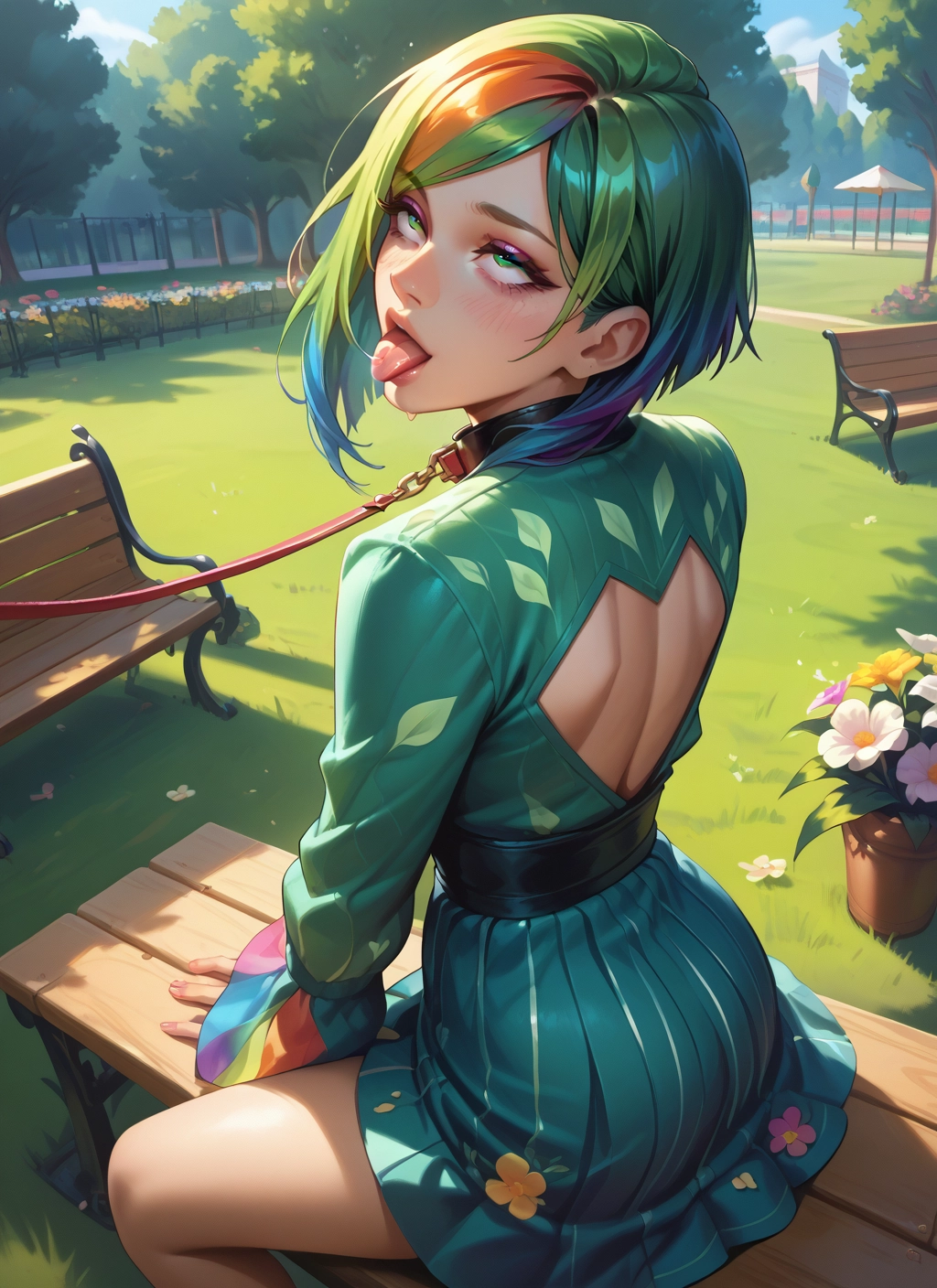 tongue, tongue out, green hair, collar, solo, leash · Yamete.gg