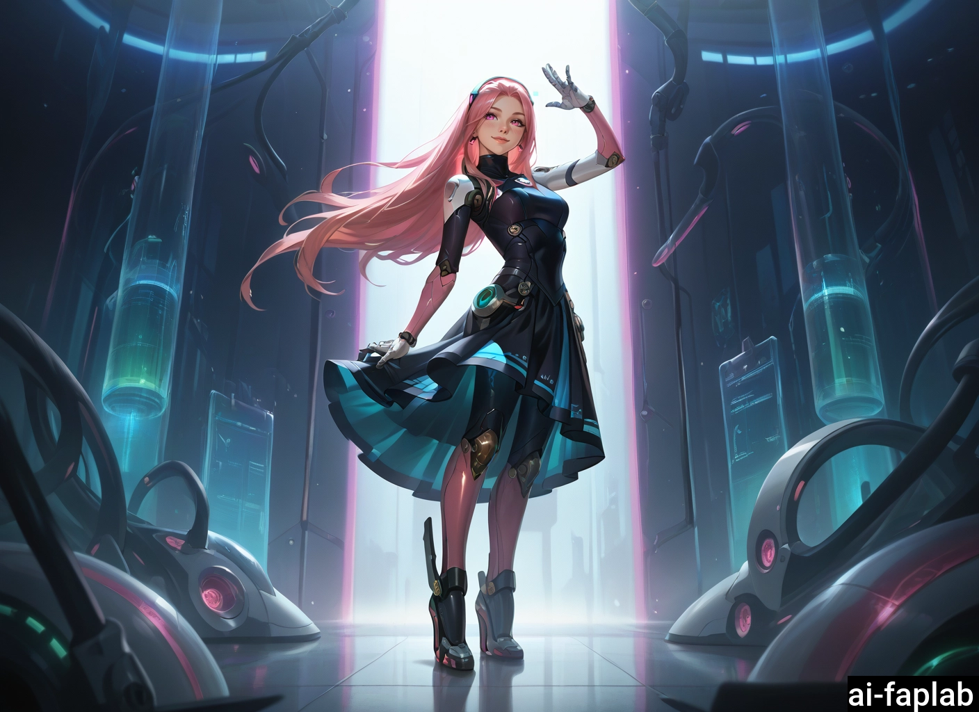 1girl, pink hair, long hair, solo, gloves, dress