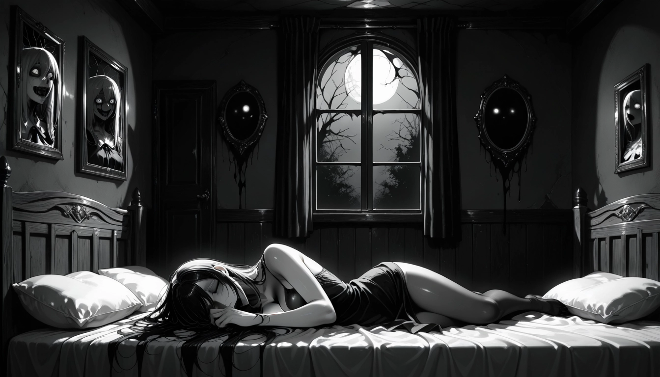 indoors, monochrome, window, bed, on bed, greyscale · Yamete.gg
