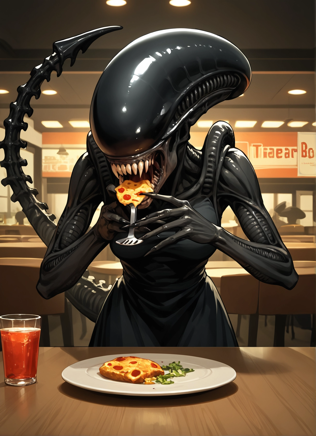 food, 1girl, eating, pizza, tail, teeth