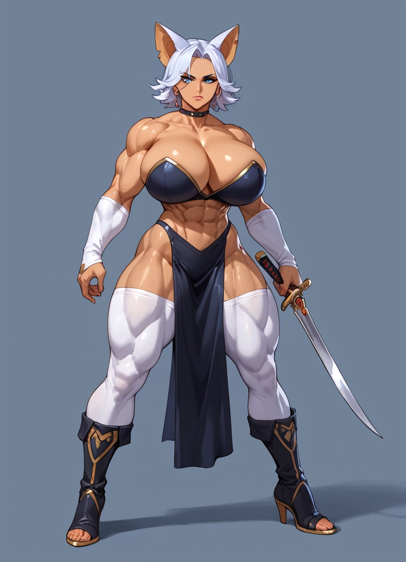 futanari, 1girl, weapon, breasts, animal ears, sword