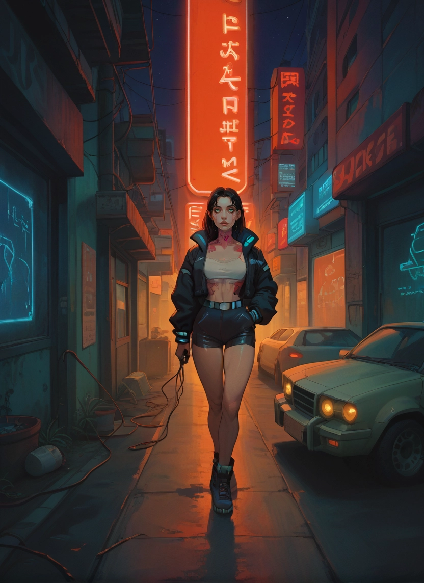1girl, neon lights, car, motor vehicle, shorts, ground vehicle · Yamete.gg