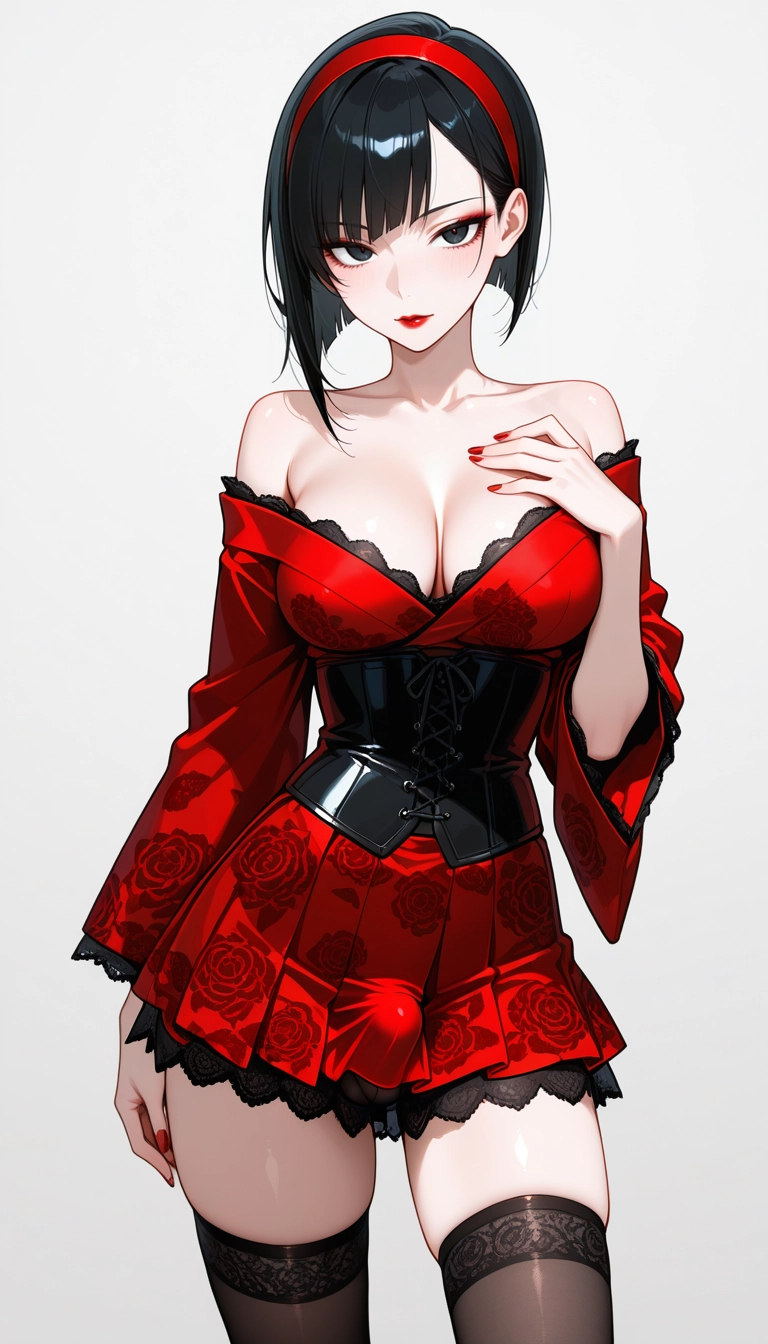 1girl, solo, breasts, thighhighs, cleavage, black hair