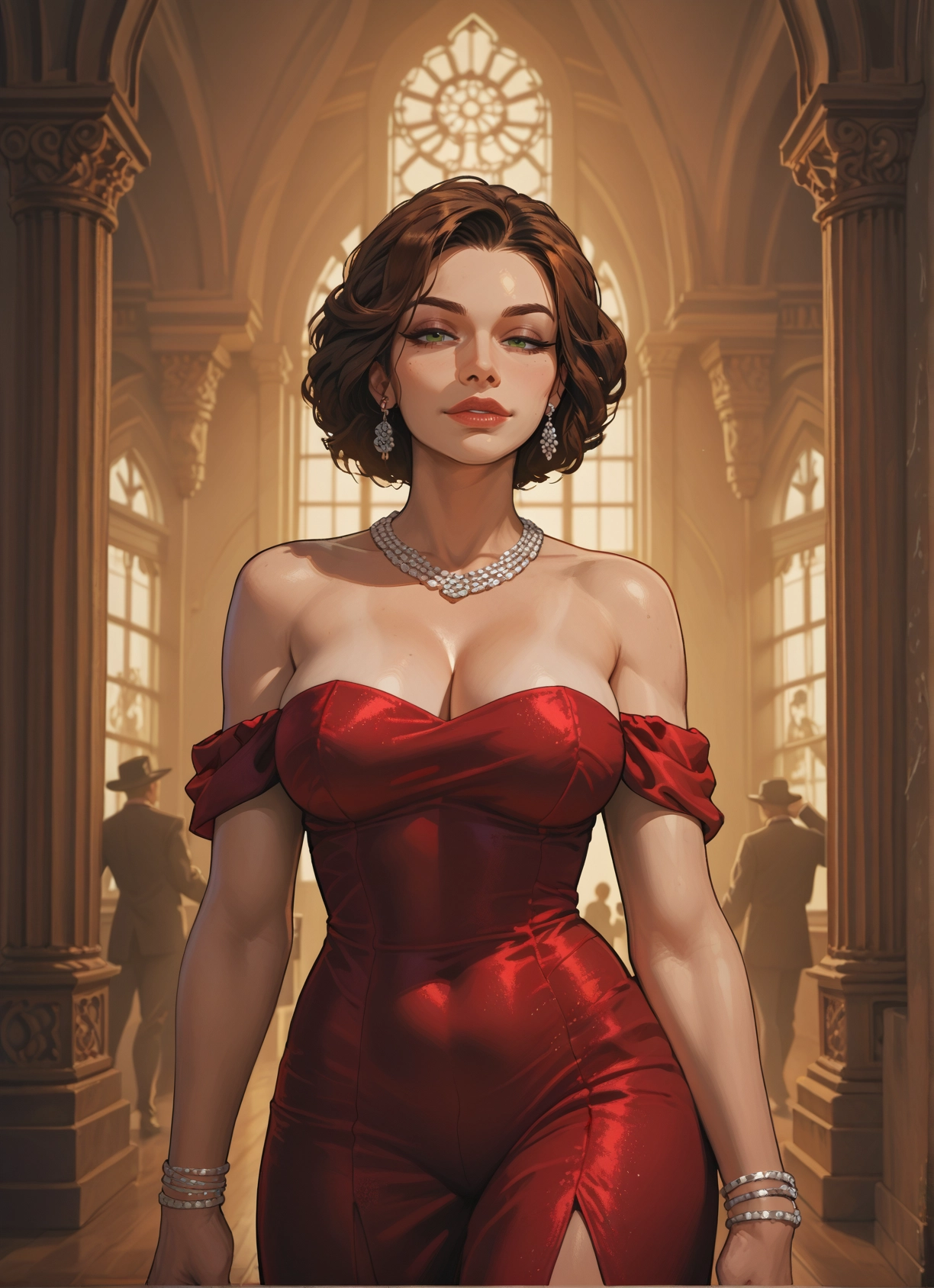 breasts, jewelry, dress, 1girl, earrings, cleavage · Yamete.gg