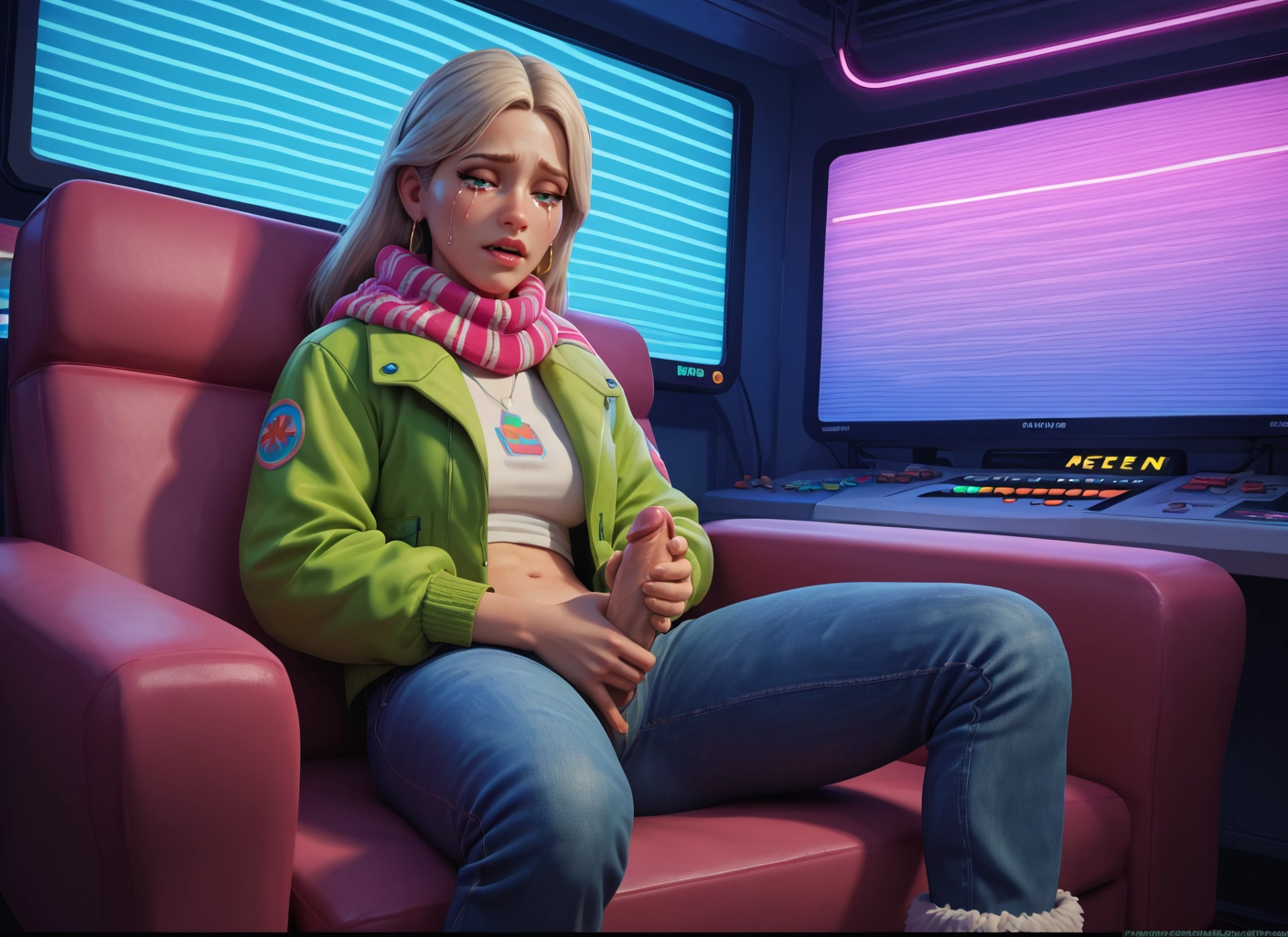 penis, 1girl, jewelry, solo, earrings, pants · Yamete.gg