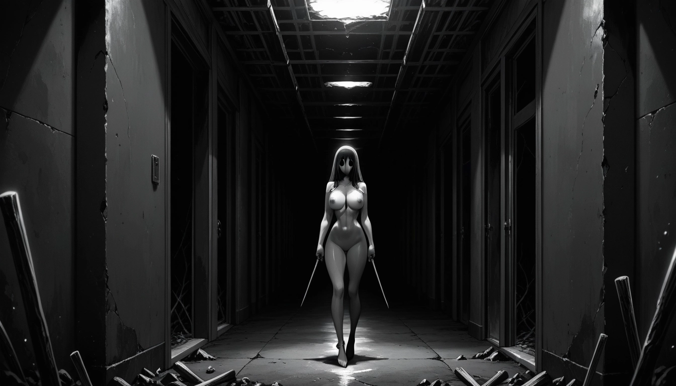1girl, breasts, solo, nude, monochrome, nipples · Yamete.gg