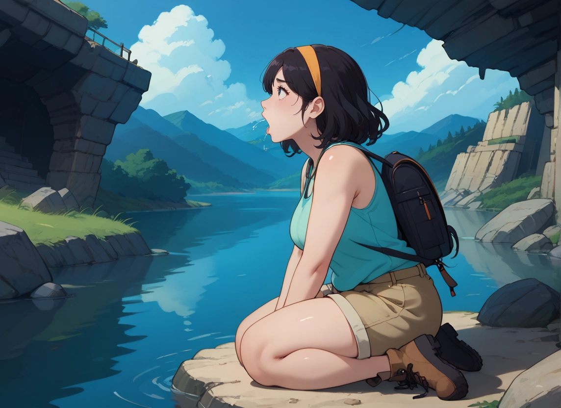 1girl, backpack, solo, outdoors, bag, shorts