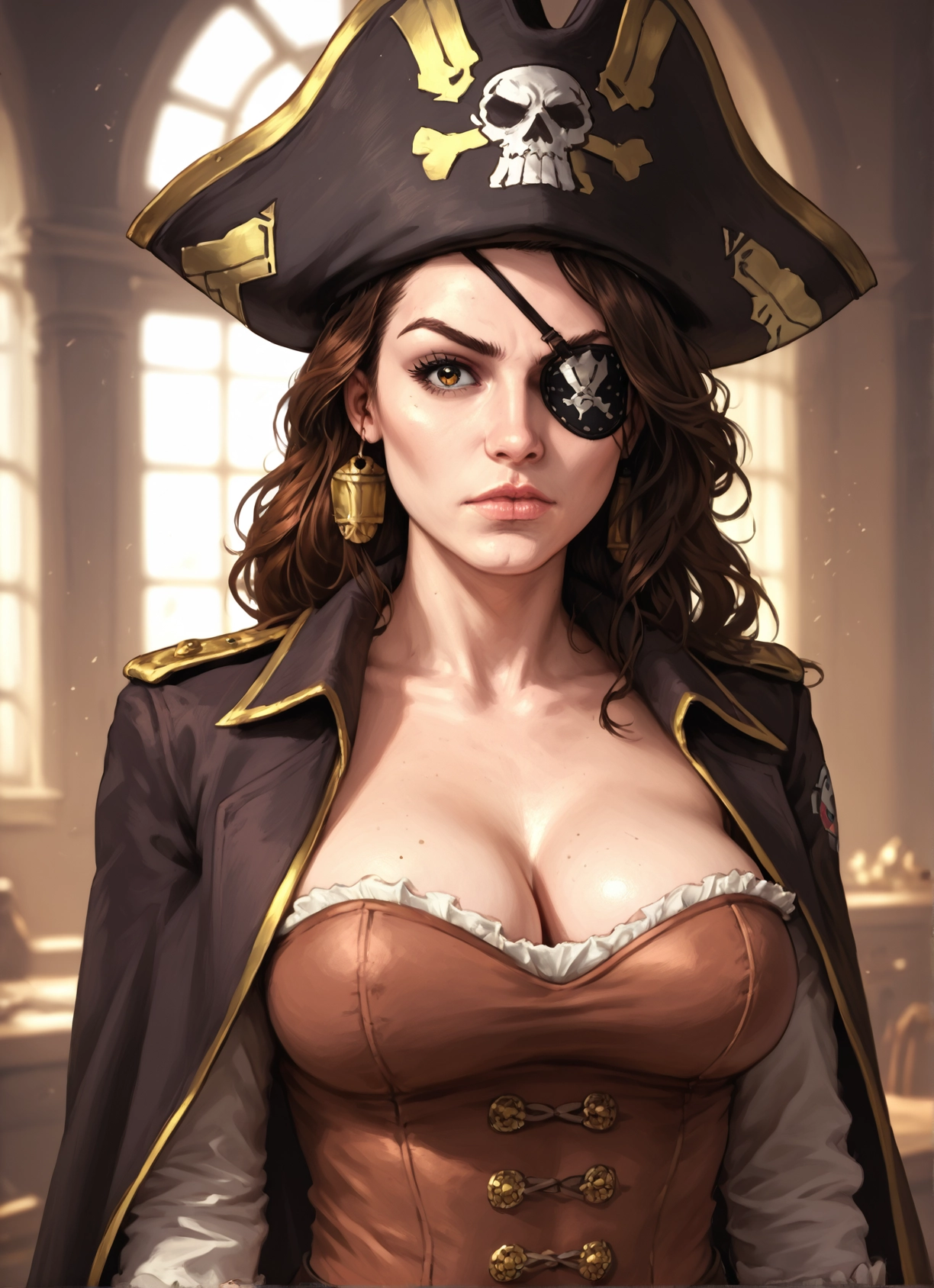 1girl, breasts, eyepatch, hat, solo, cleavage · Yamete.gg