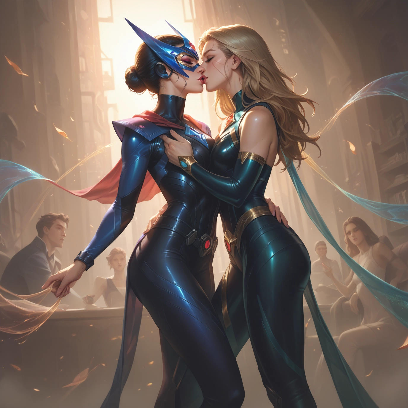 multiple girls, kiss, yuri, blonde hair, mask, breasts · Yamete.gg