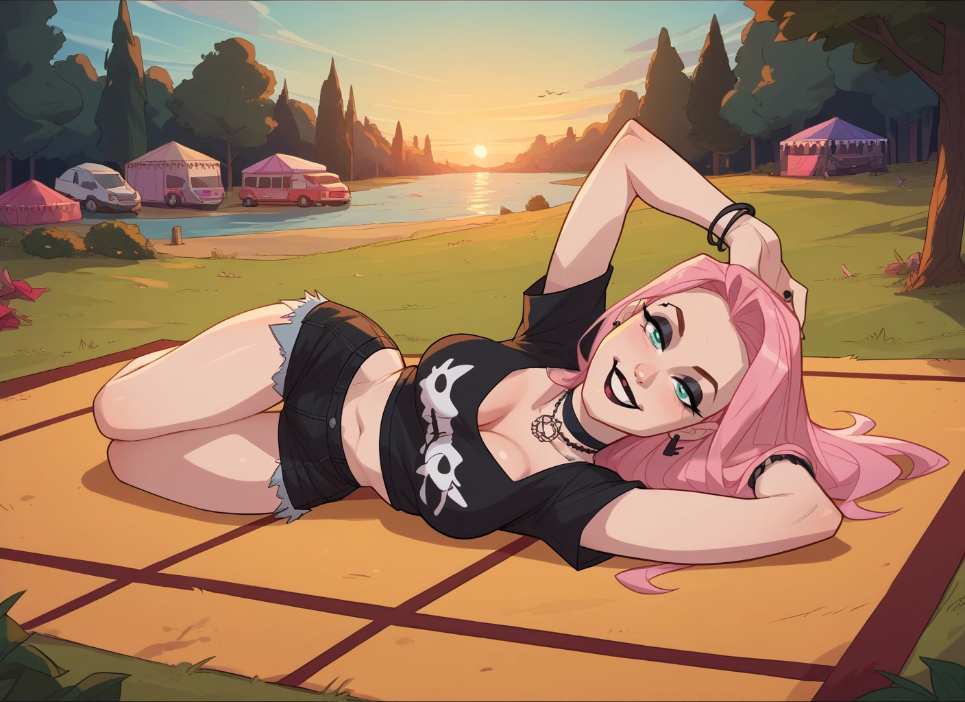 1girl, breasts, pink hair, jewelry, shorts, lying · Yamete.gg