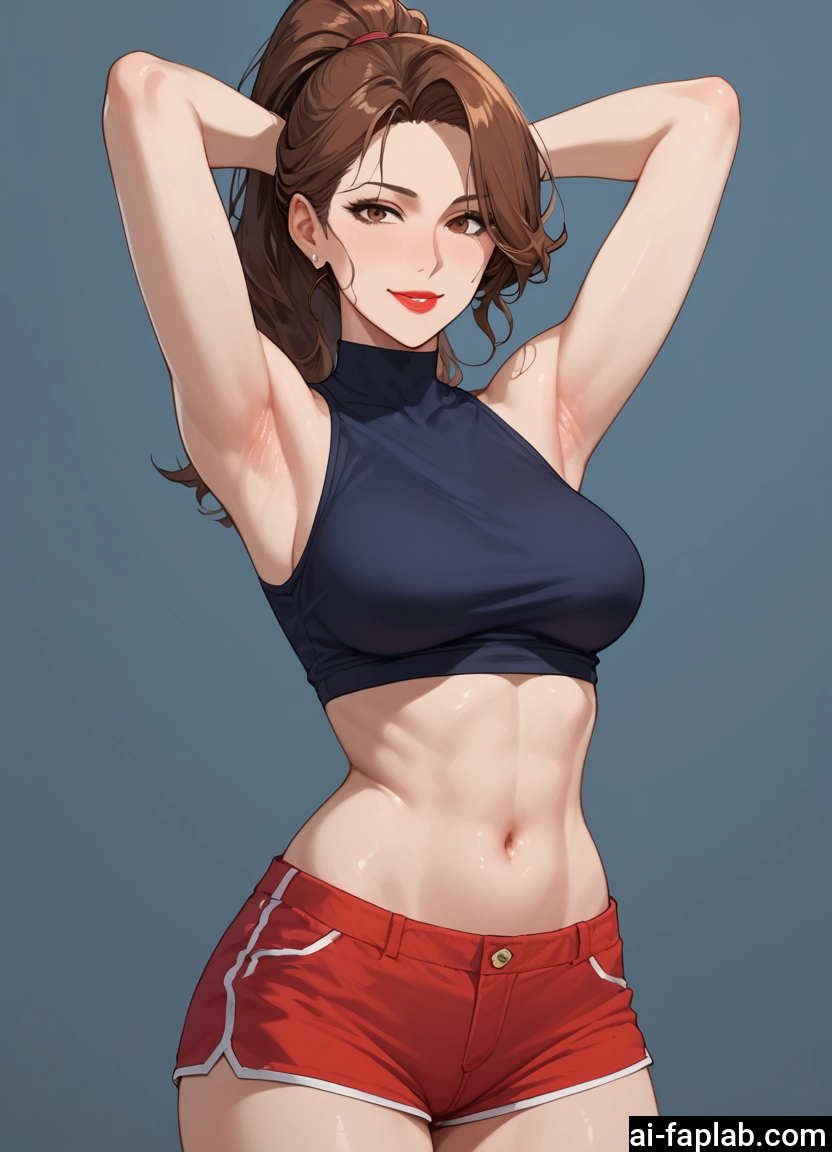 1girl, brown hair, shorts, armpits, navel, breasts · Yamete.gg