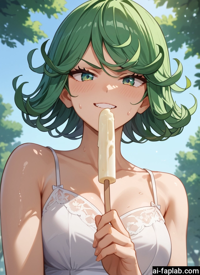 1girl, food, breasts, green hair, solo, green eyes · Yamete.gg