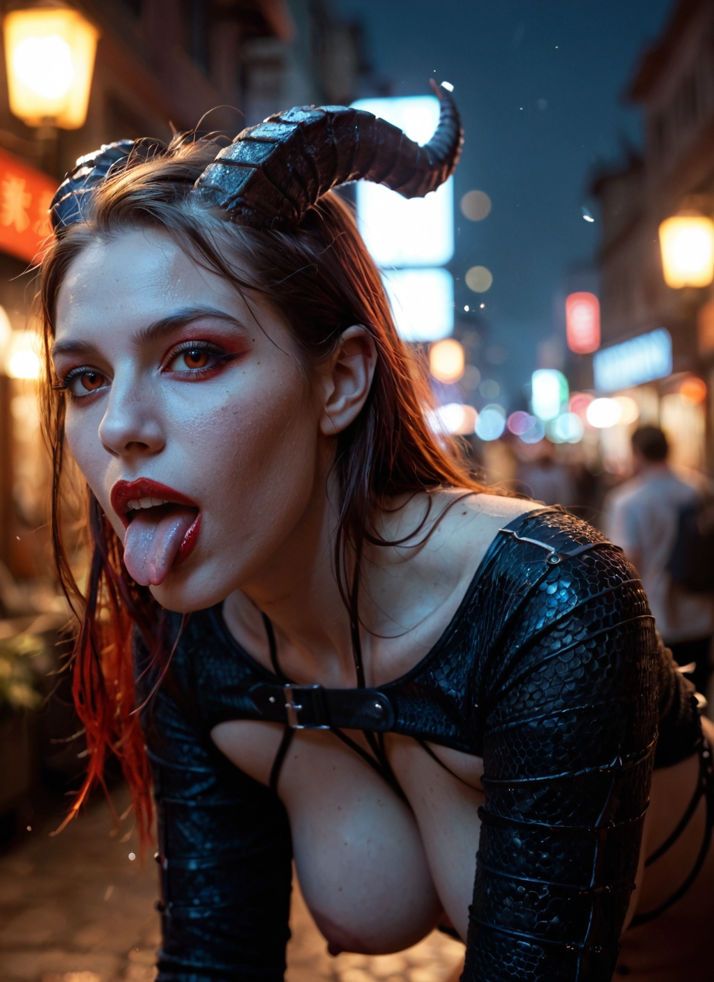 1girl, breasts, horns, tongue, nipples, tongue out · Yamete.gg