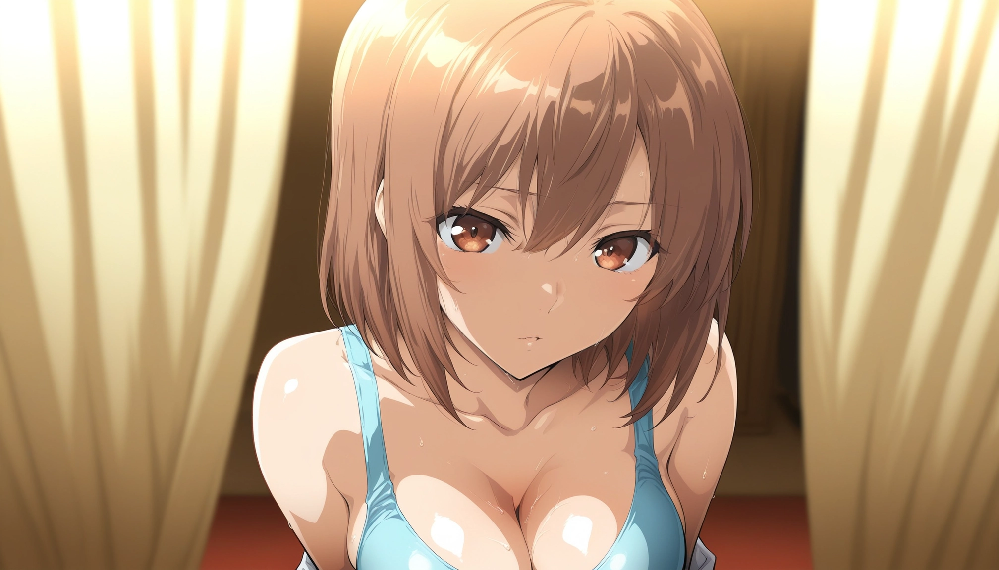 1girl, breasts, solo, brown hair, cleavage, looking at viewer · Yamete.gg