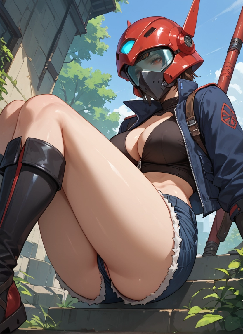 1girl, breasts, shorts, solo, jacket, brown hair · Yamete.gg