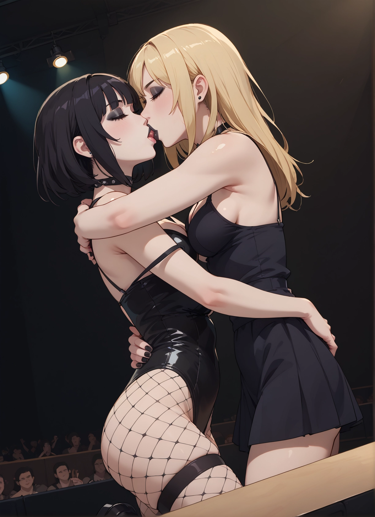 multiple girls, 2girls, breasts, kiss, blonde hair, fishnets · Yamete.gg