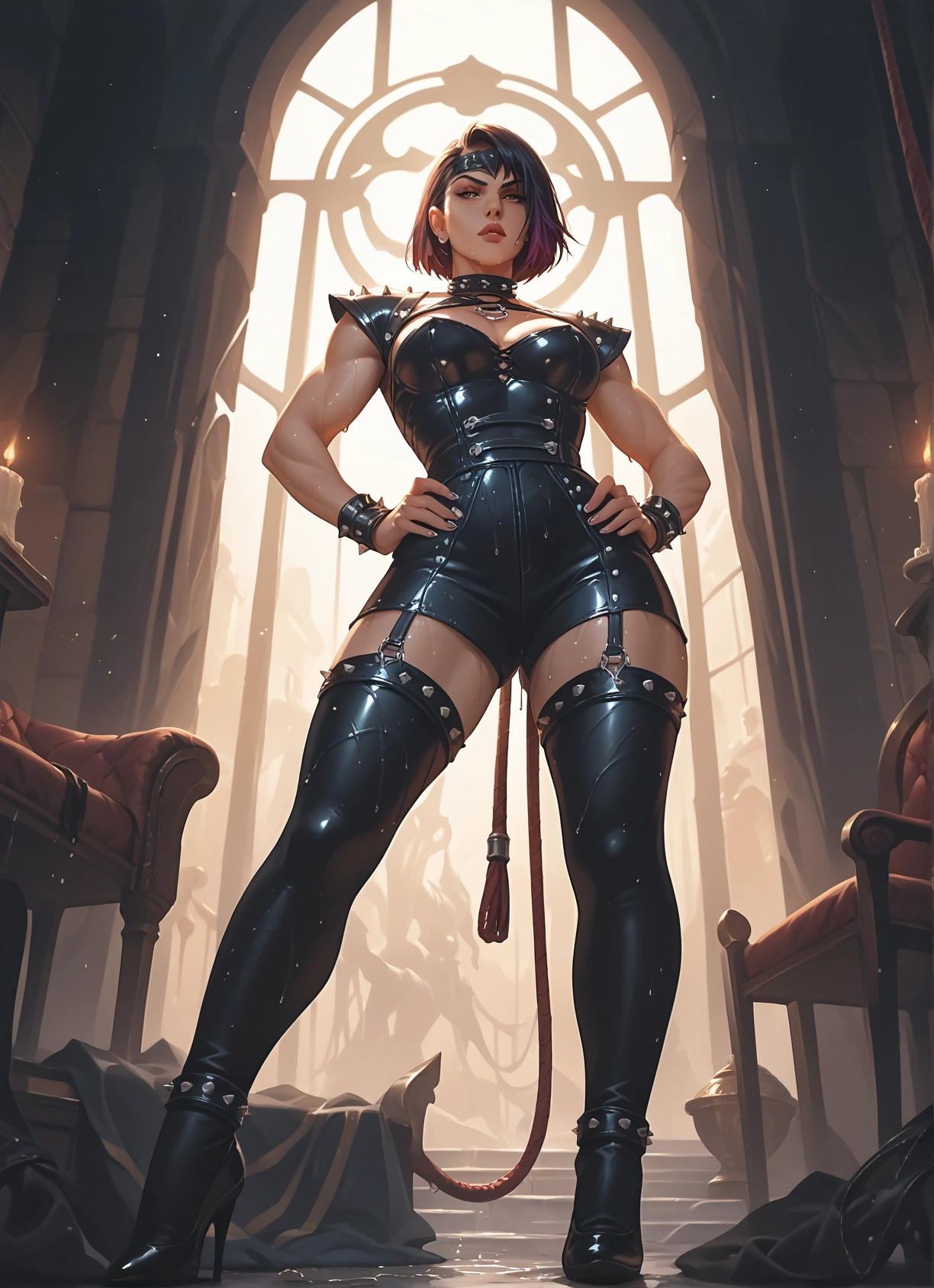1girl, thighhighs, breasts, high heels, spikes, jewelry · Yamete.gg