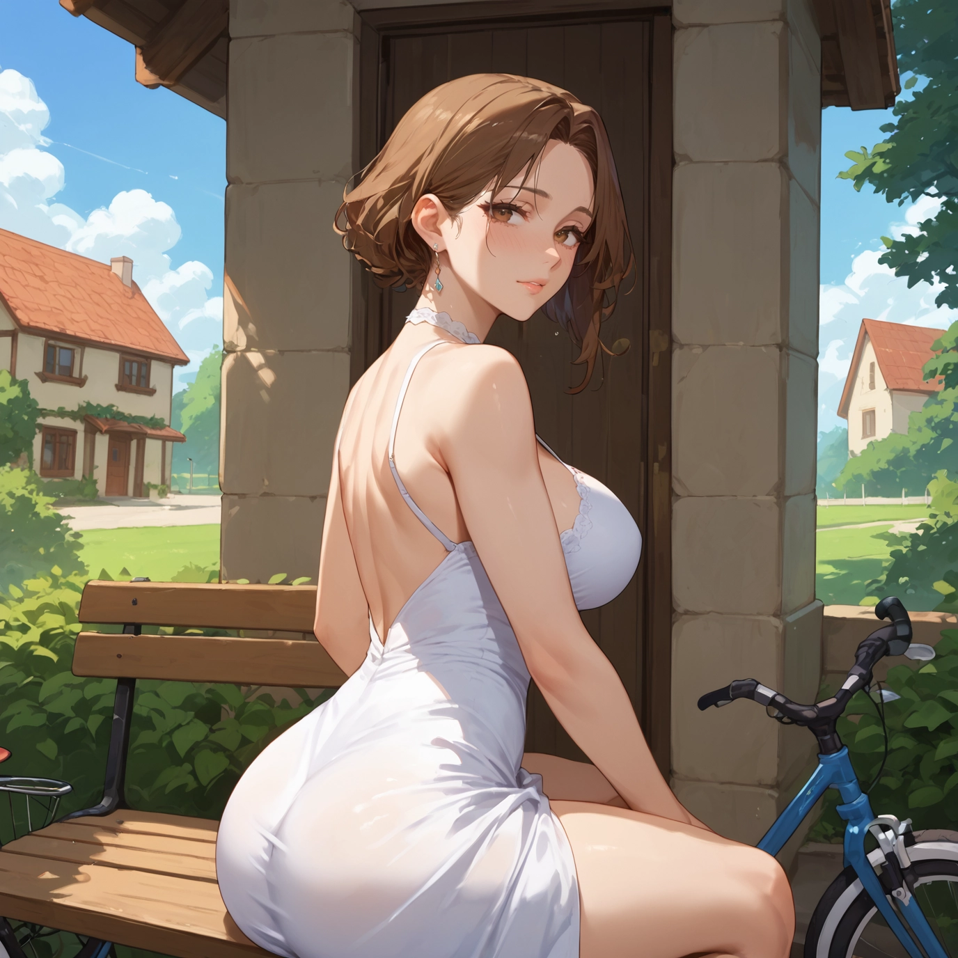 1girl, breasts, dress, brown hair, ground vehicle, bicycle · Yamete.gg