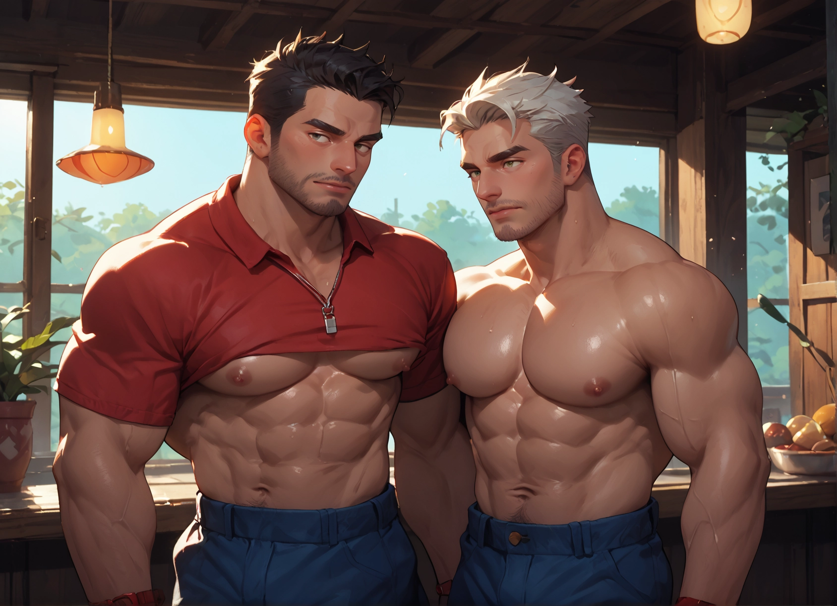 multiple boys, muscular, muscular male, pectorals, bara, 2boys · Yamete.gg
