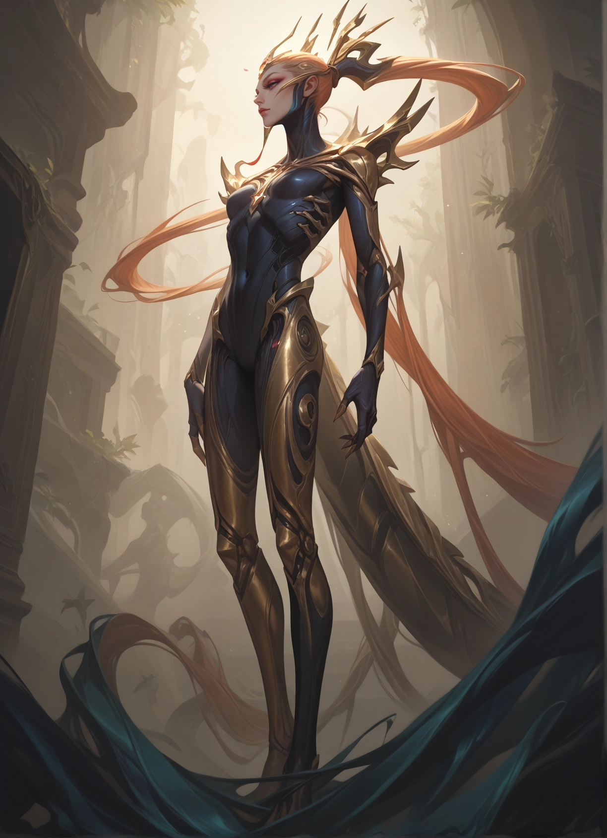 long hair, 1girl, very long hair, breasts, solo, armor · Yamete.gg