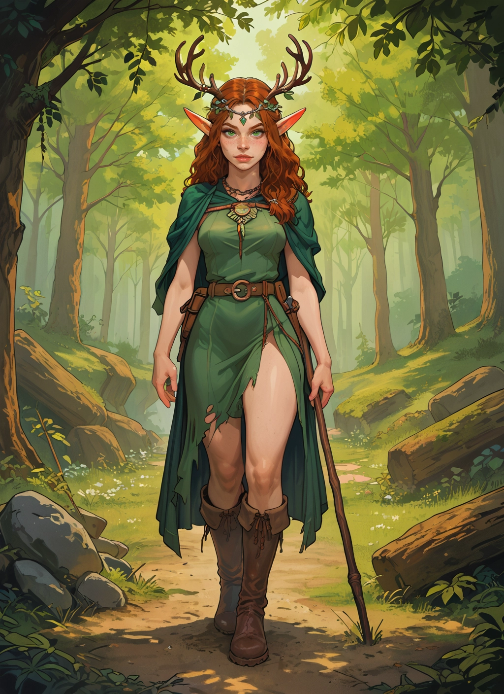 1girl, pointy ears, solo, boots, green eyes, nature · Yamete.gg