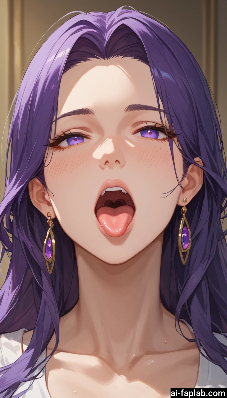 1girl, jewelry, earrings, purple hair, tongue, open mouth · Yamete.gg