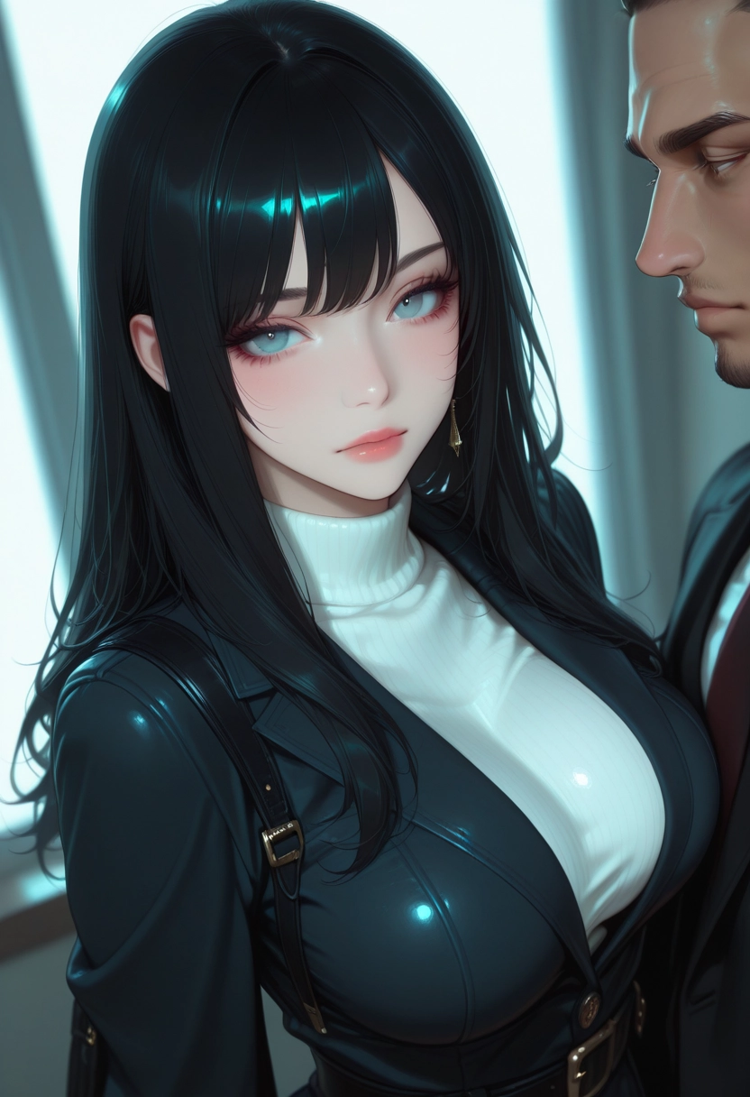 1girl, breasts, black hair, long hair, 1boy, turtleneck · Yamete.gg