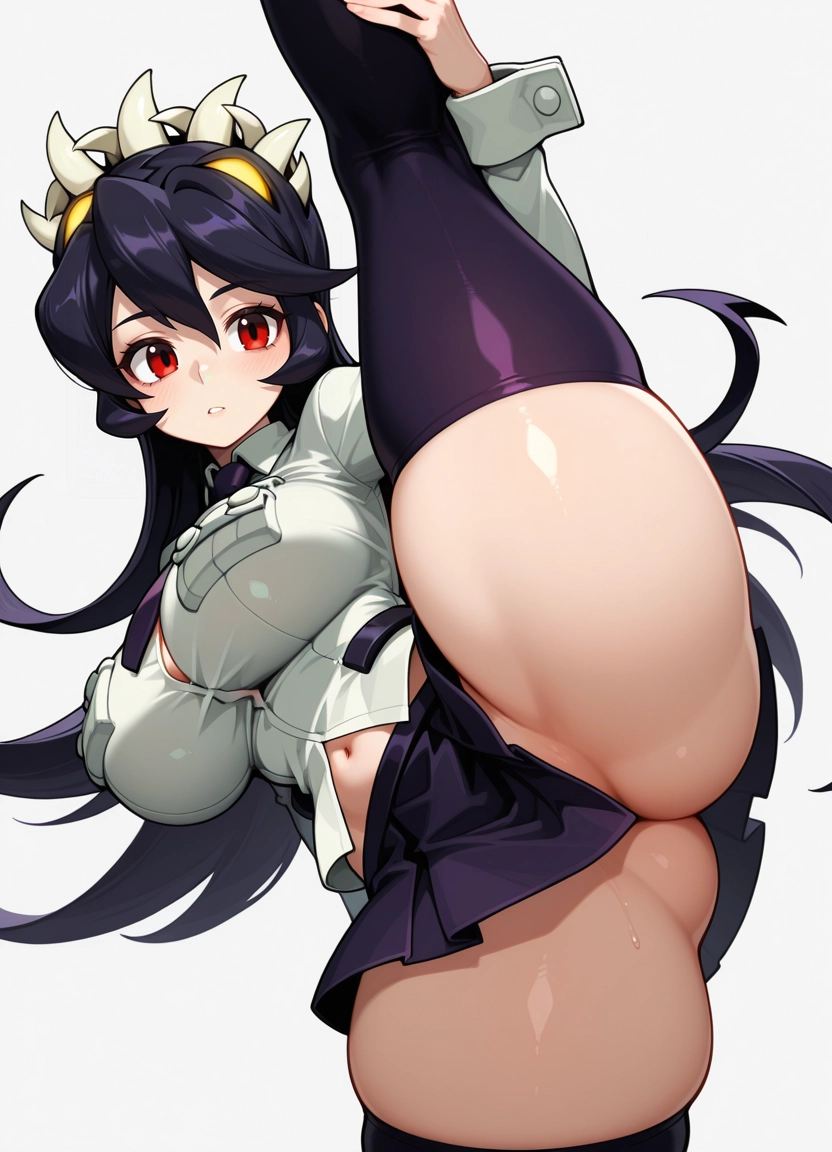 1girl, filia (skullgirls), breasts, split, red eyes, standing split · Yamete.gg