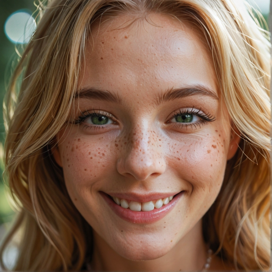 1girl, solo, freckles, green eyes, blonde hair, smile · Yamete.gg