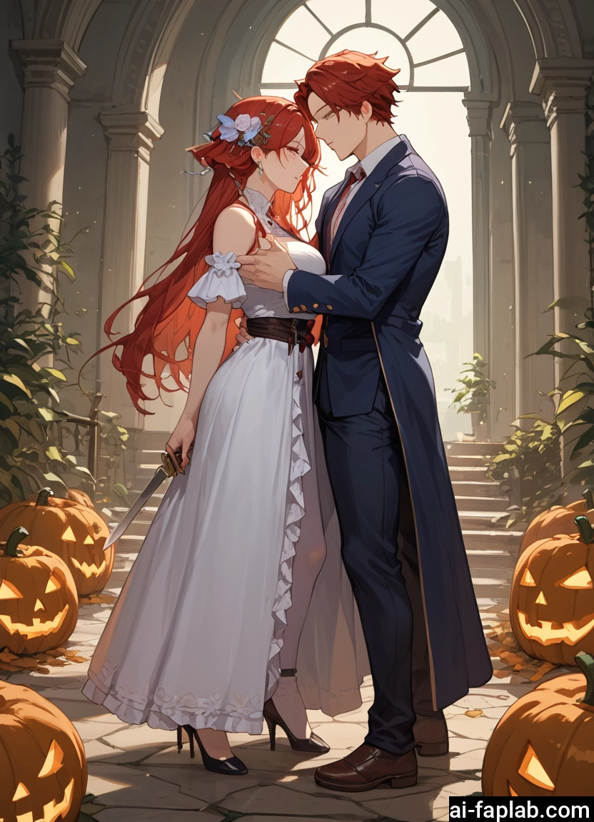 1girl, dress, 1boy, high heels, red hair, long hair