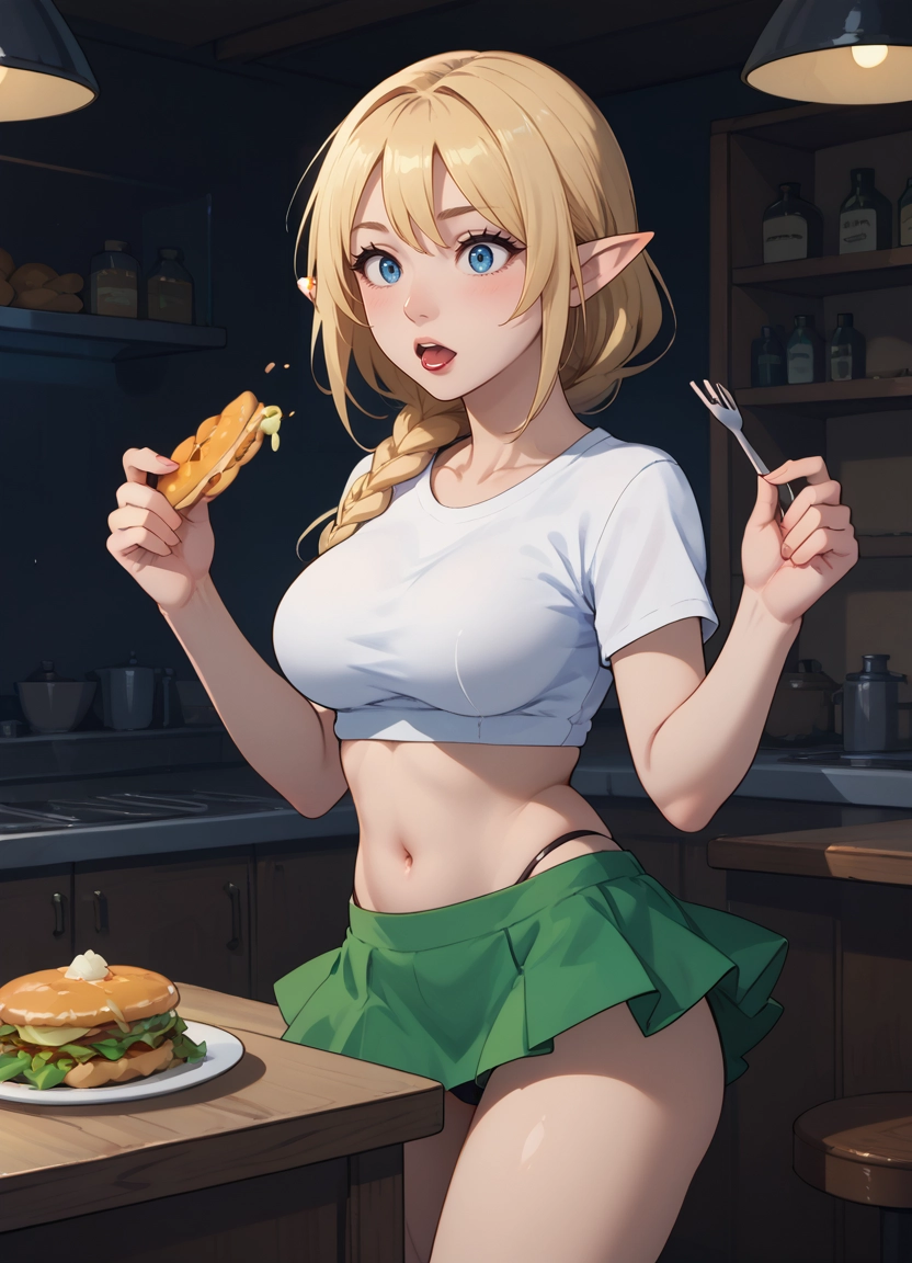 1girl, skirt, pointy ears, breasts, elf, food · Yamete.gg