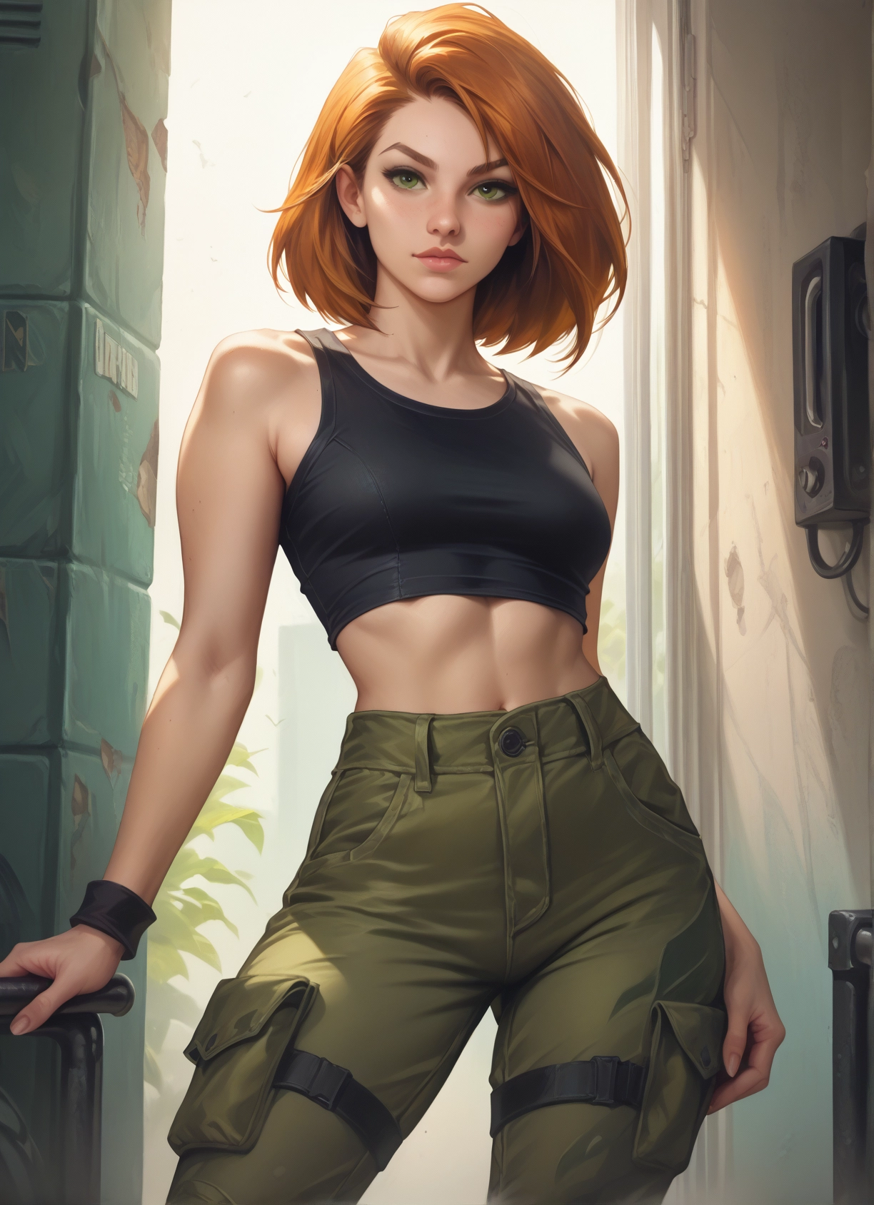 1girl, solo, green eyes, navel, pants, breasts · Yamete.gg